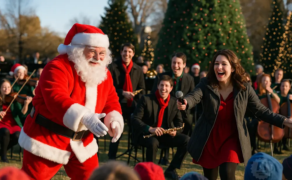 Santa Clause smiles while a woman sings into a microphone, with a band and Christmas trees behind them.
