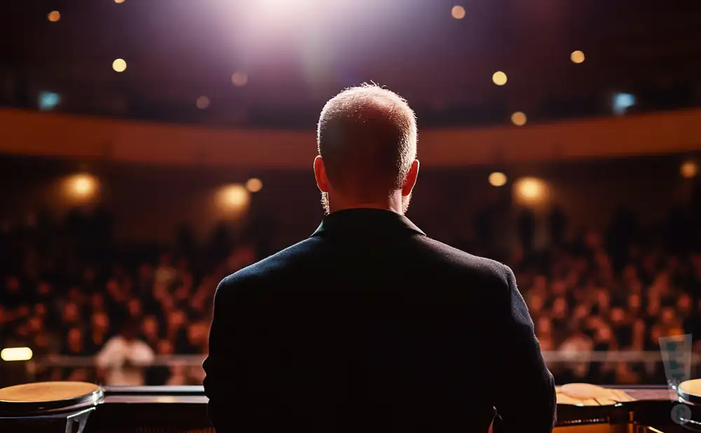a rear view photo of colin currie performing a concert on stage to a lively audience