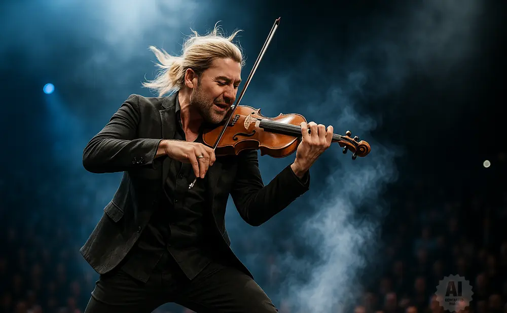 A male violinist with blond hair tied back plays with passion on a stage with smoky lighting.