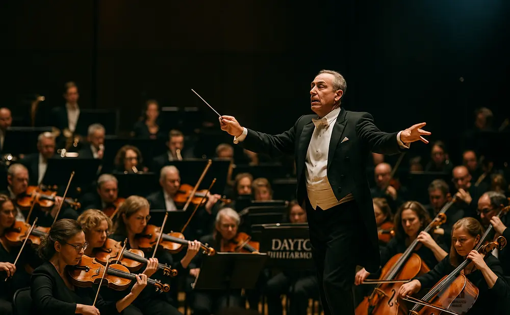 A conductor directs an orchestra with a baton, leading musicians playing violins and cellos.