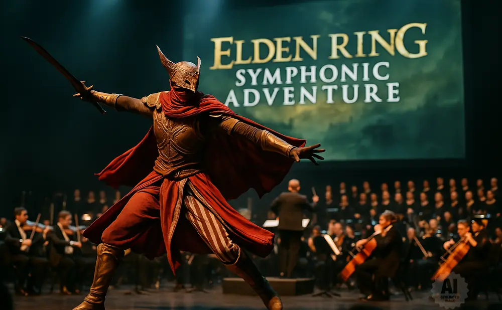 A performer in ornate armor and a red cape wields a sword on stage with an orchestra and 