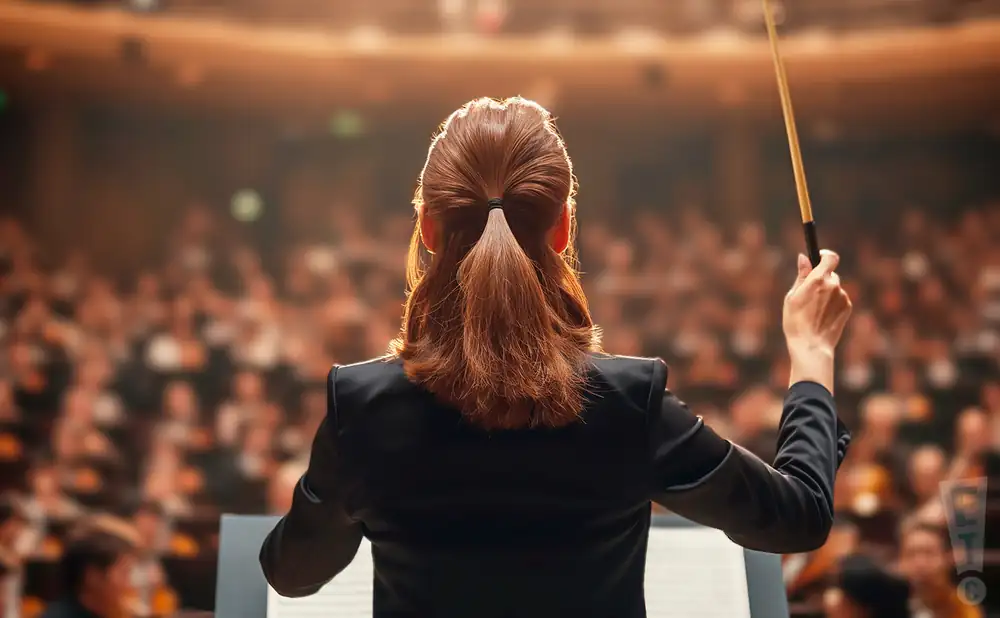 a photograph from behind classical conductor elim chan, performing in front of a large audience