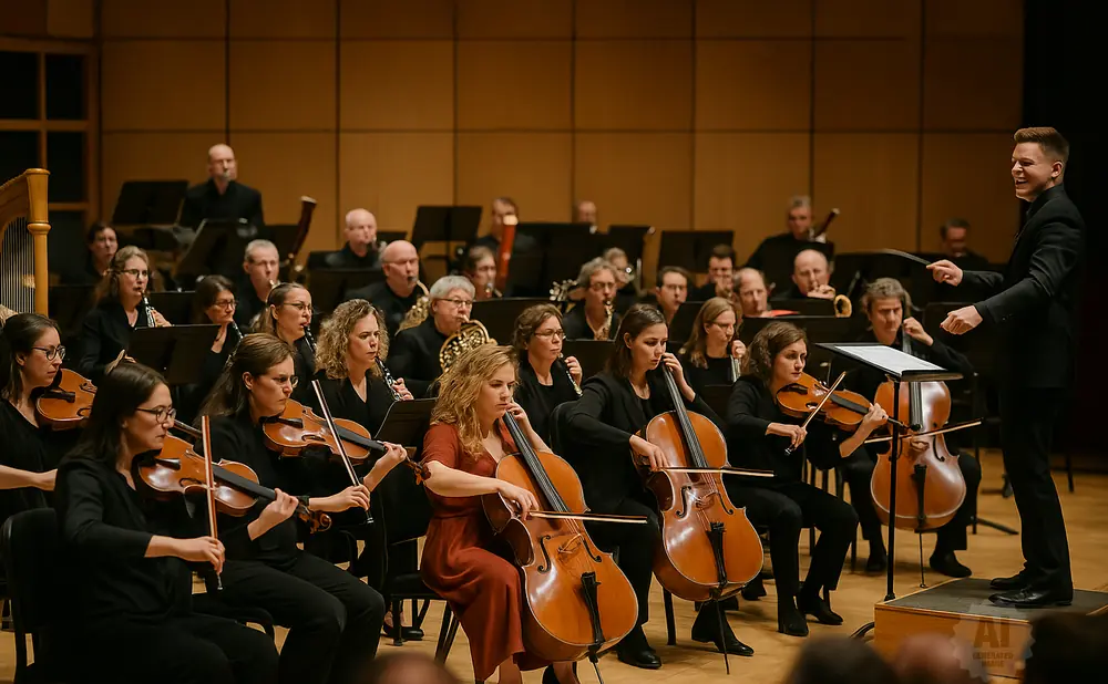 An orchestra performs, with a conductor directing string musicians playing violins and cellos.