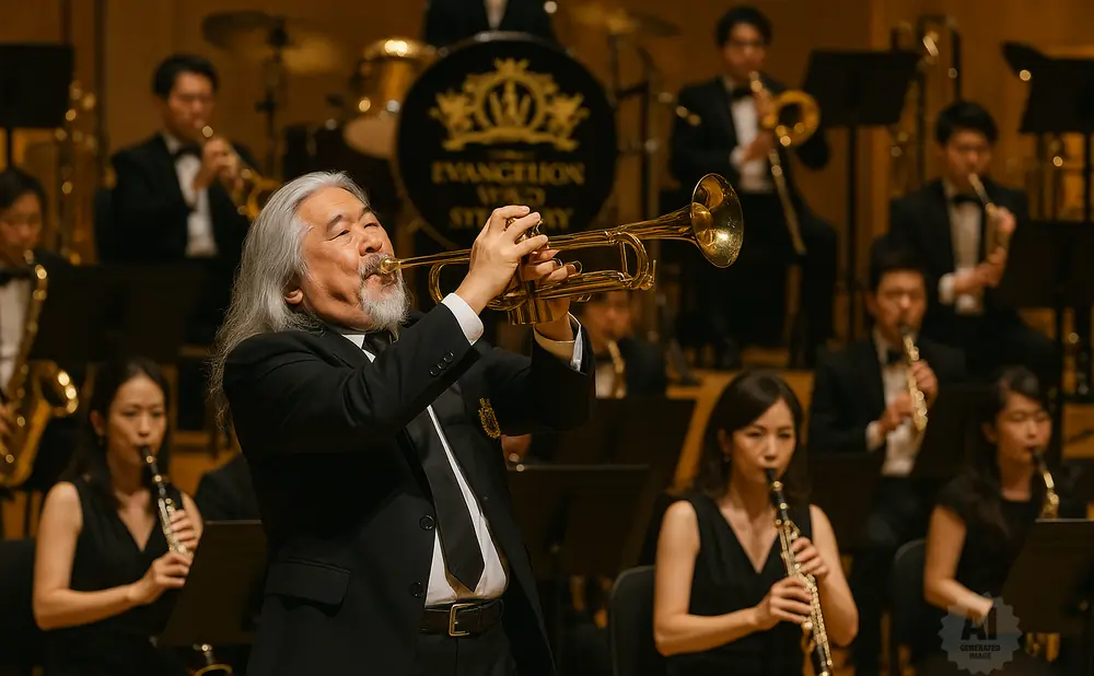 A male trumpet player leads an orchestra, with several female musicians playing clarinets and saxophones.
