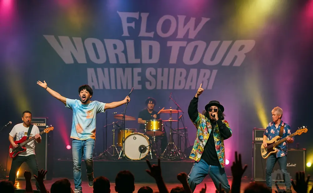A Japanese rock band performs on stage under colorful lights with 