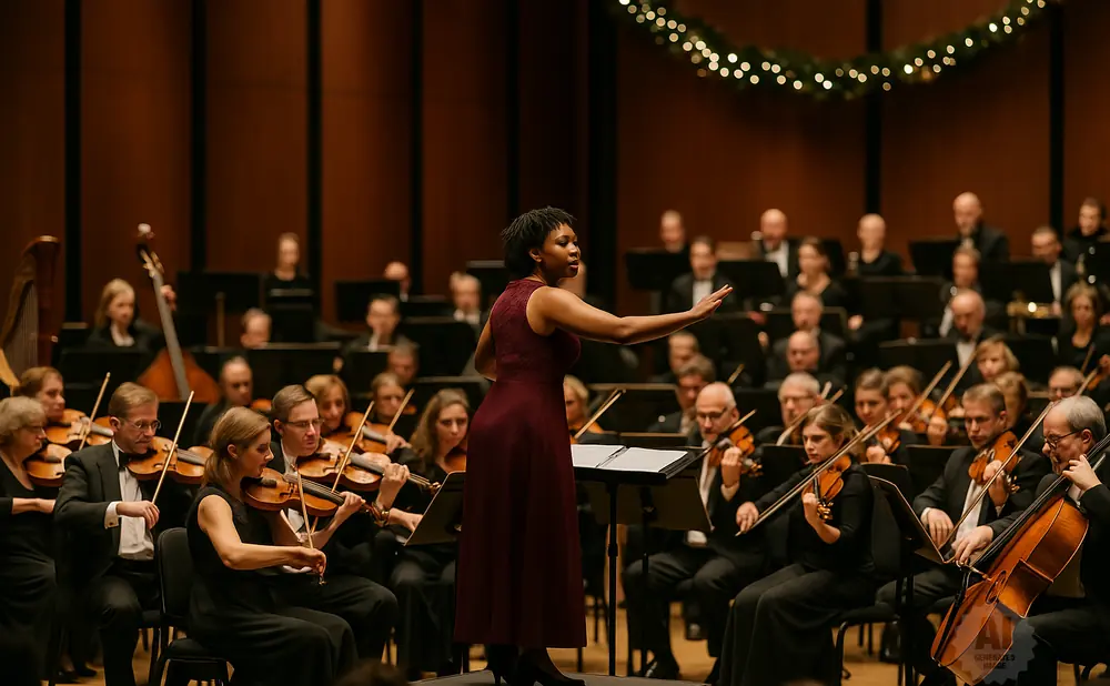 Conductor leads an orchestra, featuring musicians with violins and cellos, with festive lights in the background.
