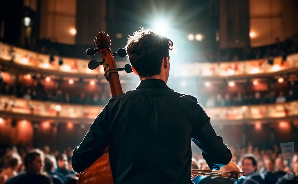 a rear view photo of gabriel martins performing a concert on stage to a lively audience