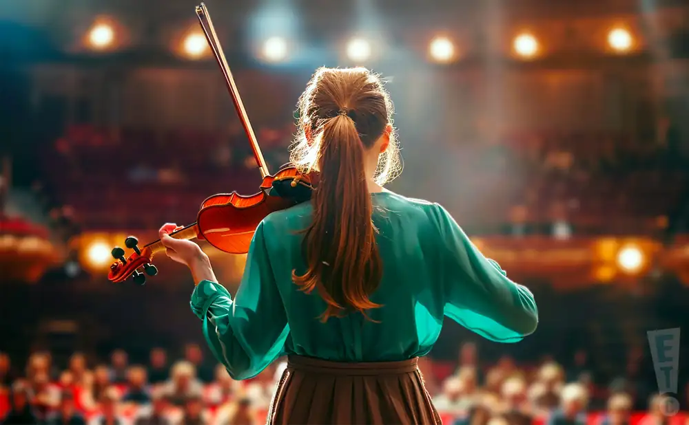 a photograph from behind new zealand violinist geneva lewis as she performs on stage in front of a large audience in a concert hall.