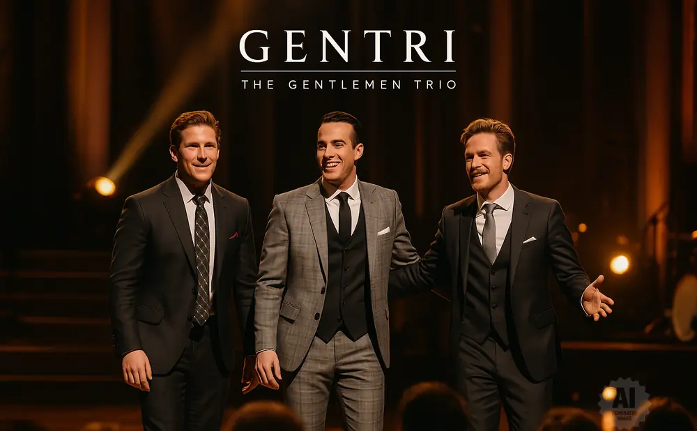 GENTRI, The Gentlemen Trio, pose in suits on stage with spotlights.