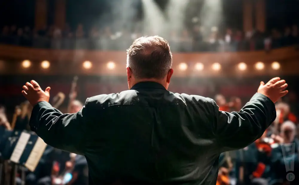 a rear view photo of george daugherty conducting a symphony on stage before an audience