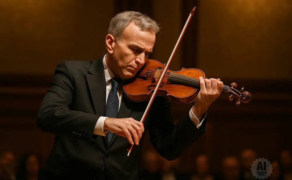 Man in a black suit plays the violin on stage with an audience in the background.