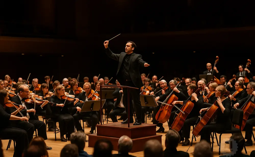 Conductor leading an orchestra.