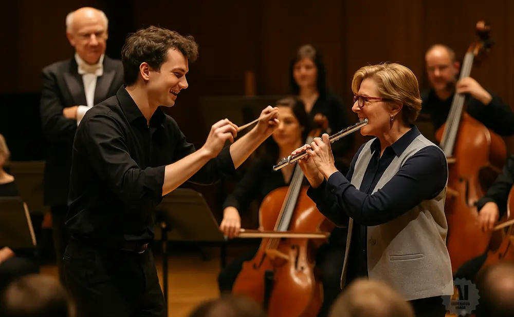 A conductor leads a female flute player in an orchestra, with a cellist and bassist in the background.