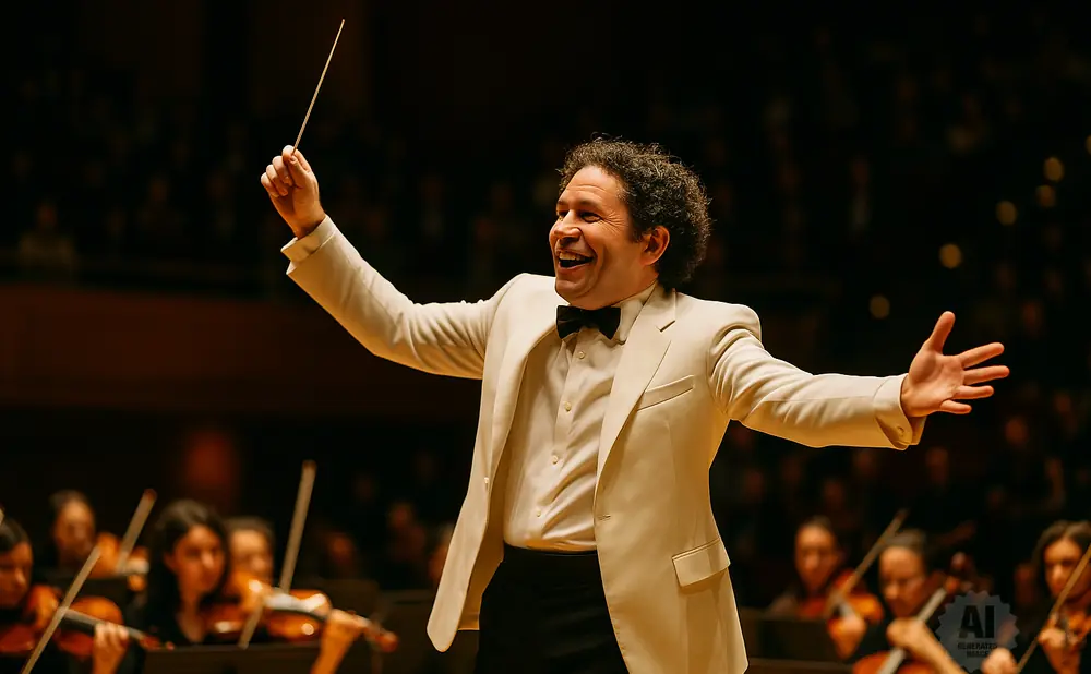 A conductor in a cream suit leads an orchestra with a baton, smiling broadly with arms outstretched.