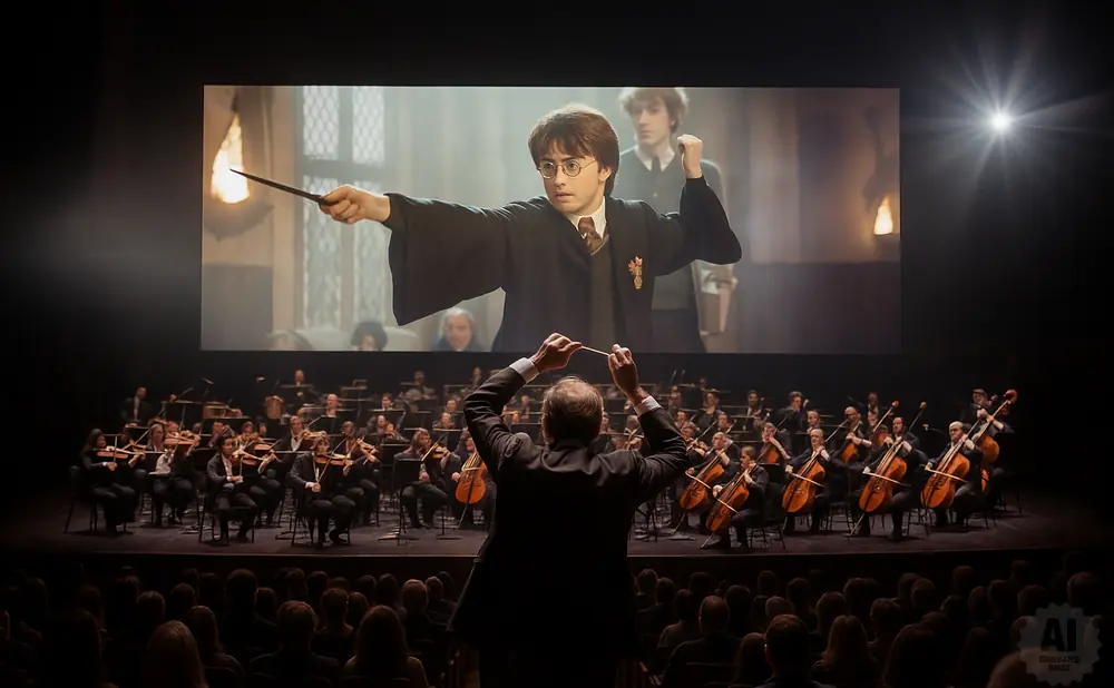 Conductor leads orchestra while Harry Potter movie plays on screen.