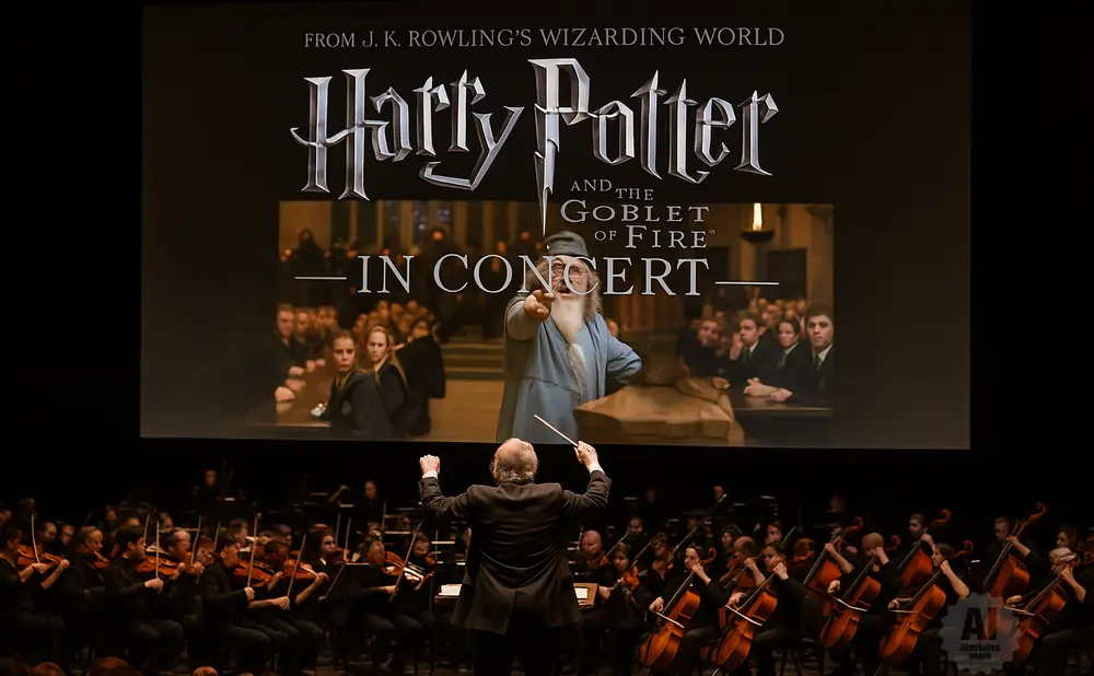 Conductor leads orchestra during a Harry Potter concert, with the movie displayed on screen.