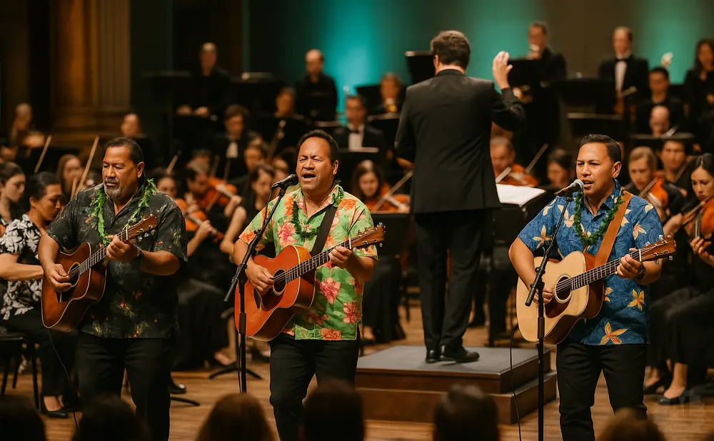 Two men in Hawaiian shirts play acoustic guitars and sing on stage with an orchestra behind them.