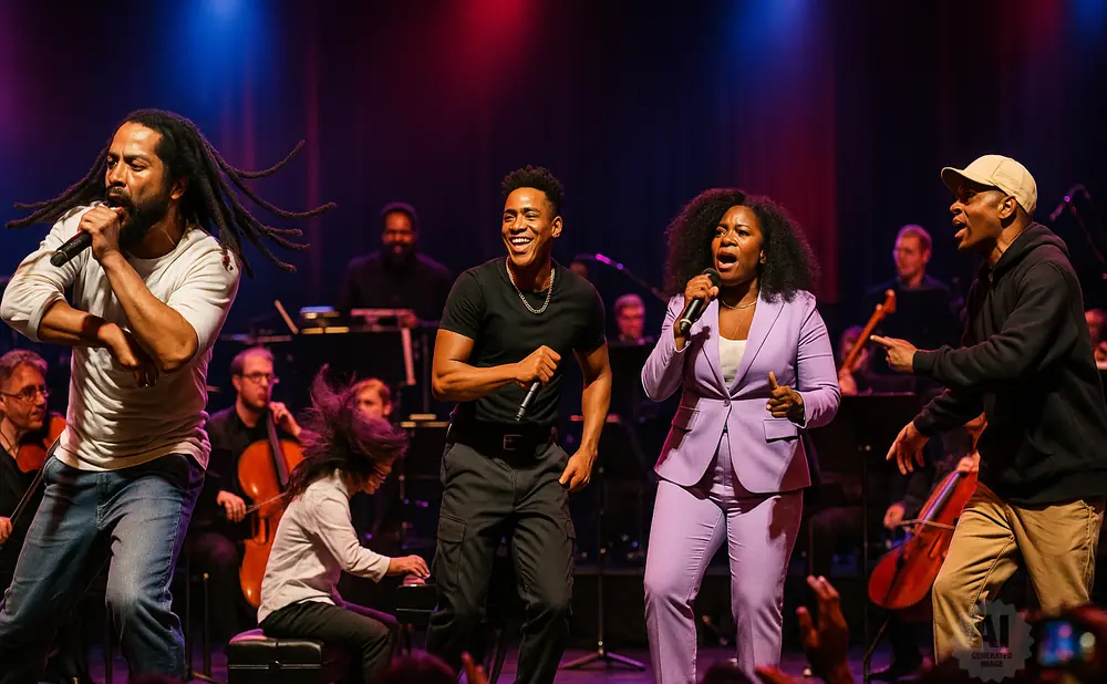A diverse group of singers and musicians perform on a stage with colorful lighting.