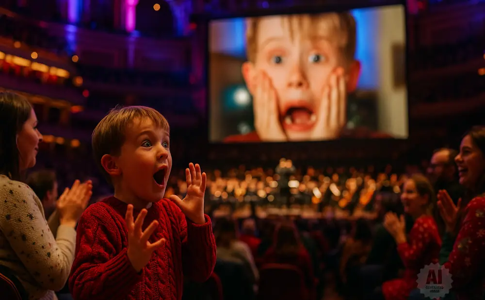 A child with a surprised expression watches a movie on a large screen, with an orchestra visible behind the audience.