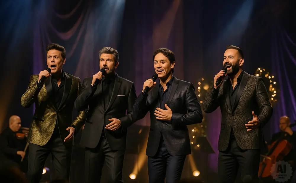 Four men in suits sing into microphones on a stage with purple curtains and warm lighting.