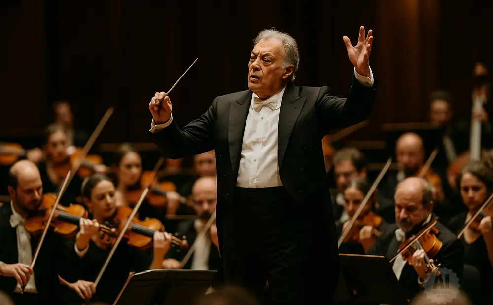 Conductor leading an orchestra, with musicians playing violins in the background.