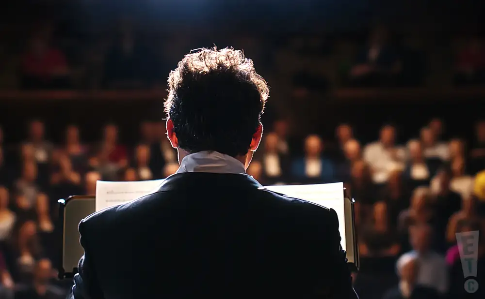 a rear view photo of james bagwell conducting a symphony on stage before an audience