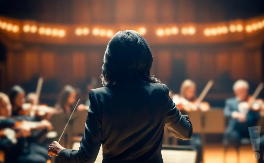a rear-view photographof american conductor jeri lynne johnson, directing an orchestra in a grand concert hall. 
