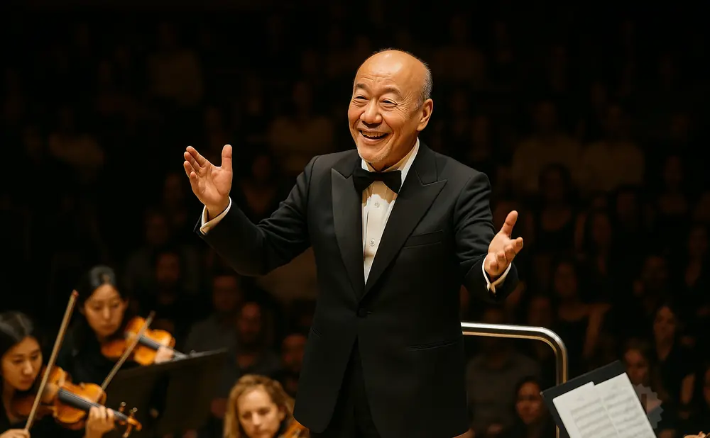 A smiling conductor in a tuxedo leads an orchestra with his hands raised.