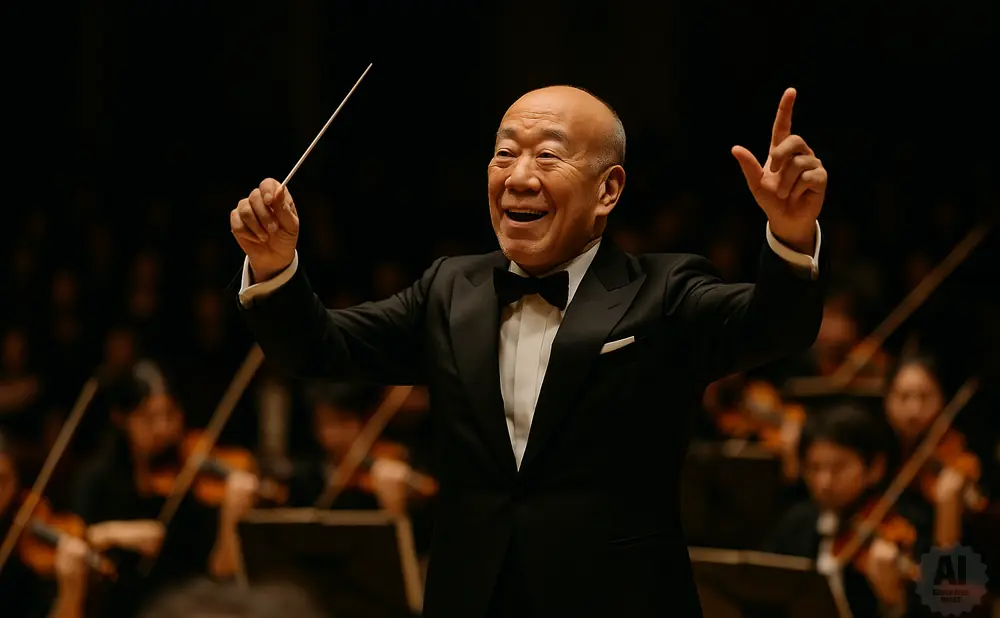 An orchestra conductor in a tuxedo smiles broadly, raising a baton and his left index finger.