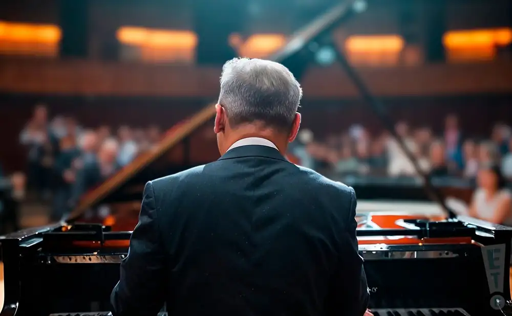 a rear view photo of jon nakamatsu performing a concert on stage to a lively audience