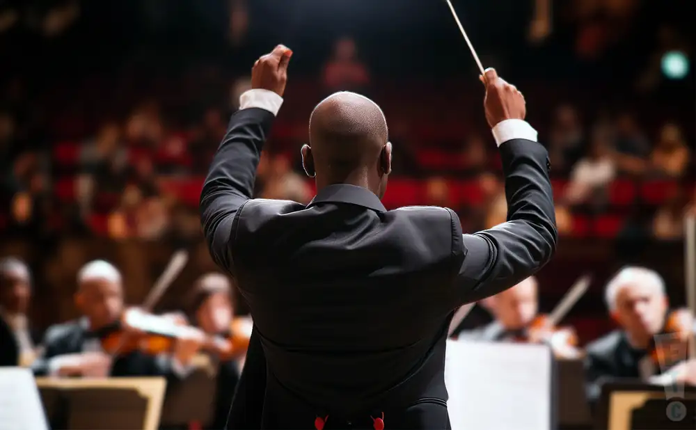 a rear view photograph of american conductor joseph young as he directs an orchestra on stage.