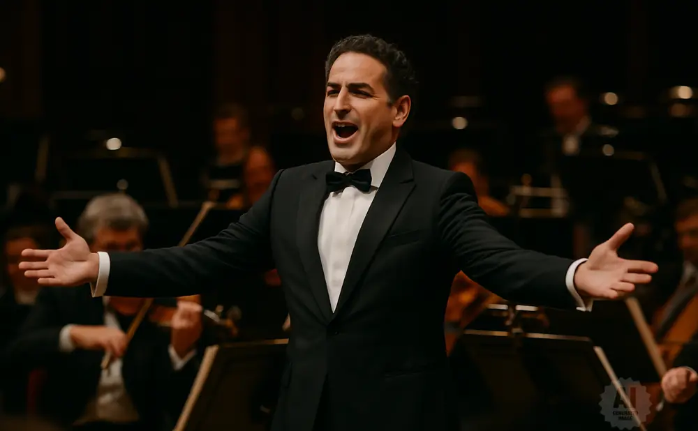 A male opera singer in a tuxedo, with arms outstretched, sings into a microphone with an orchestra behind him.