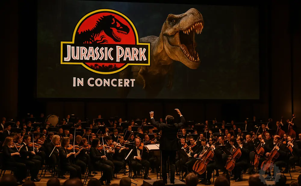 An orchestra performs Jurassic Park in concert with a T-Rex on screen.