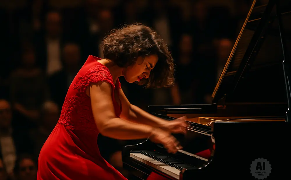 Woman in a red dress playing a grand piano.