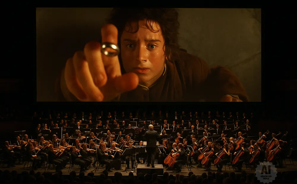 An orchestra performs in front of a screen showing Frodo Baggins holding the One Ring.