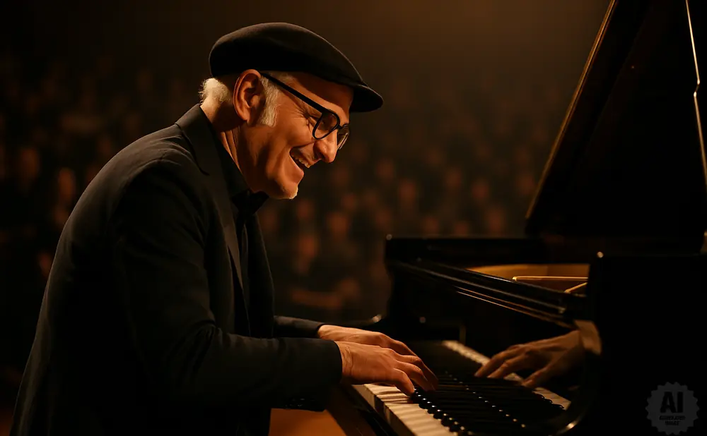 A man in a black suit and hat plays a grand piano, smiling warmly to the audience.