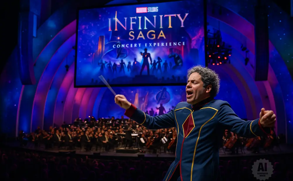 Conductor leads orchestra during a Marvel 