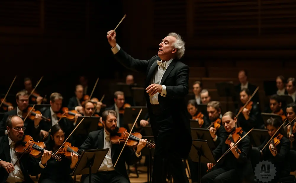 A male conductor leads an orchestra, baton raised, with musicians playing violins in the foreground.
