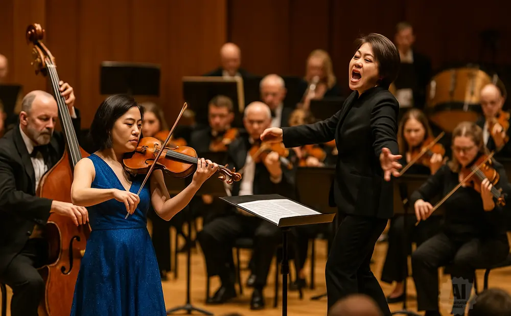 A female conductor leads an orchestra, gesturing emphatically to a violinist in a blue dress.