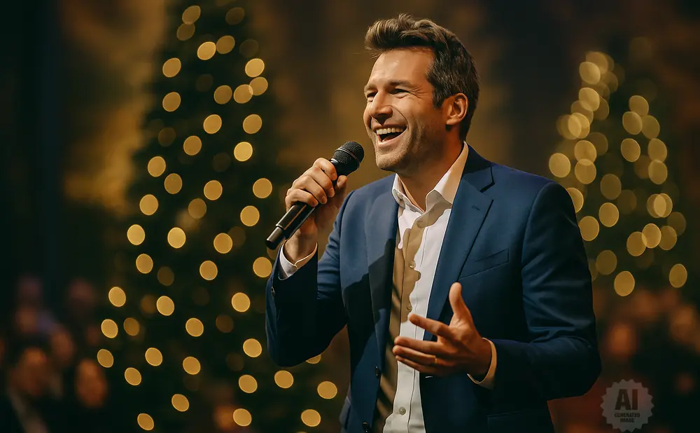 A man in a blue suit sings into a microphone, smiling, with blurred Christmas trees and lights in the background.