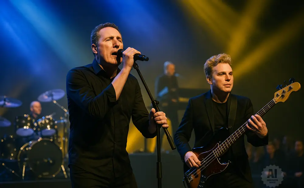A band performs on stage, with a singer in the foreground and a bassist to his right, under blue and yellow stage lights.