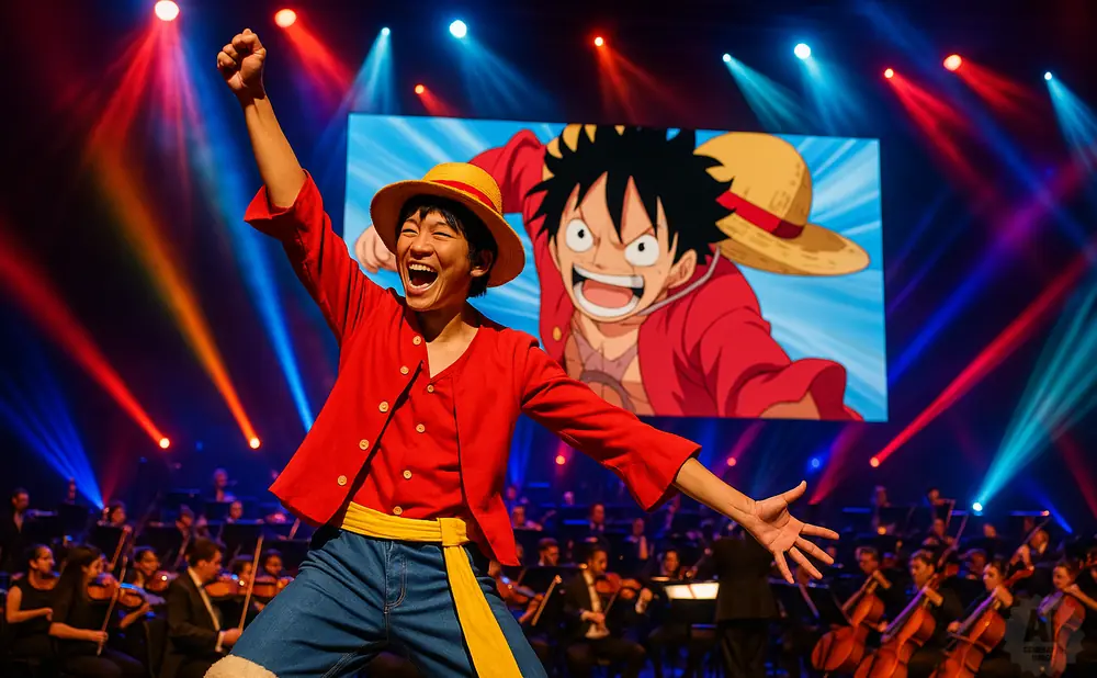A performer dressed as Monkey D. Luffy from One Piece with a straw hat and red shirt on stage with a symphony orchestra.