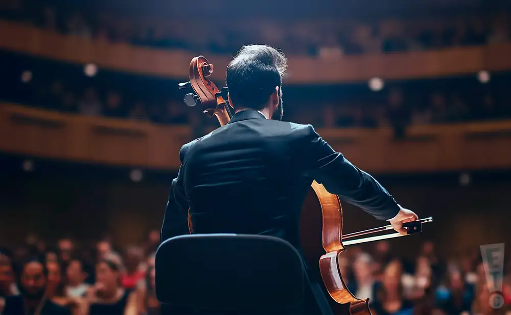 a rear view photo of pablo ferrandez performing a concert on stage to a lively audience