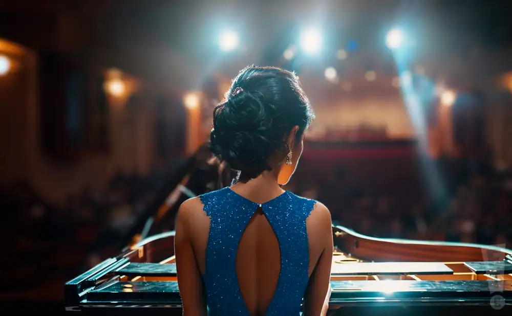 a rear view photo of pallavi mahidhara performing a concert on stage to a lively audience