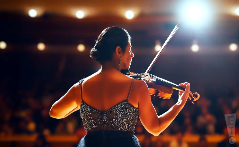 a rear view photo of pamela frank performing a concert on stage to a lively audience