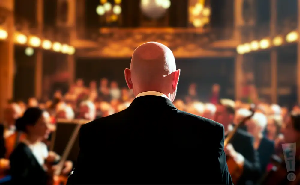 a rear view photo of peter wilson conducting a symphony on stage before an audience