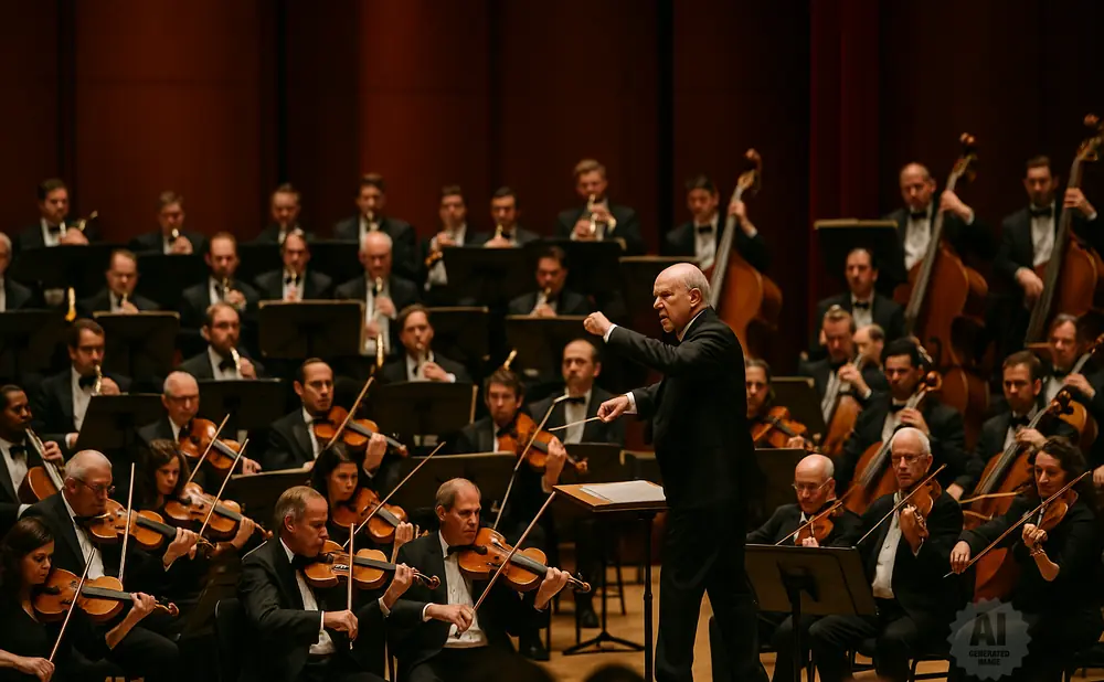 An orchestra conductor leads a symphony orchestra playing violins and cellos.