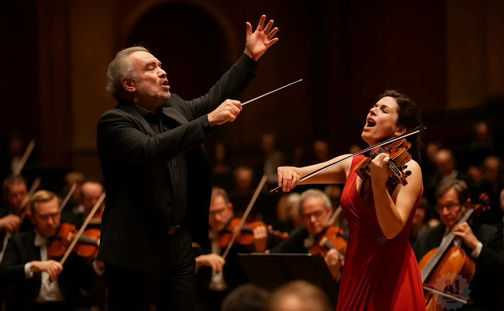 A male conductor directs a female violinist in a red dress during an orchestra performance.