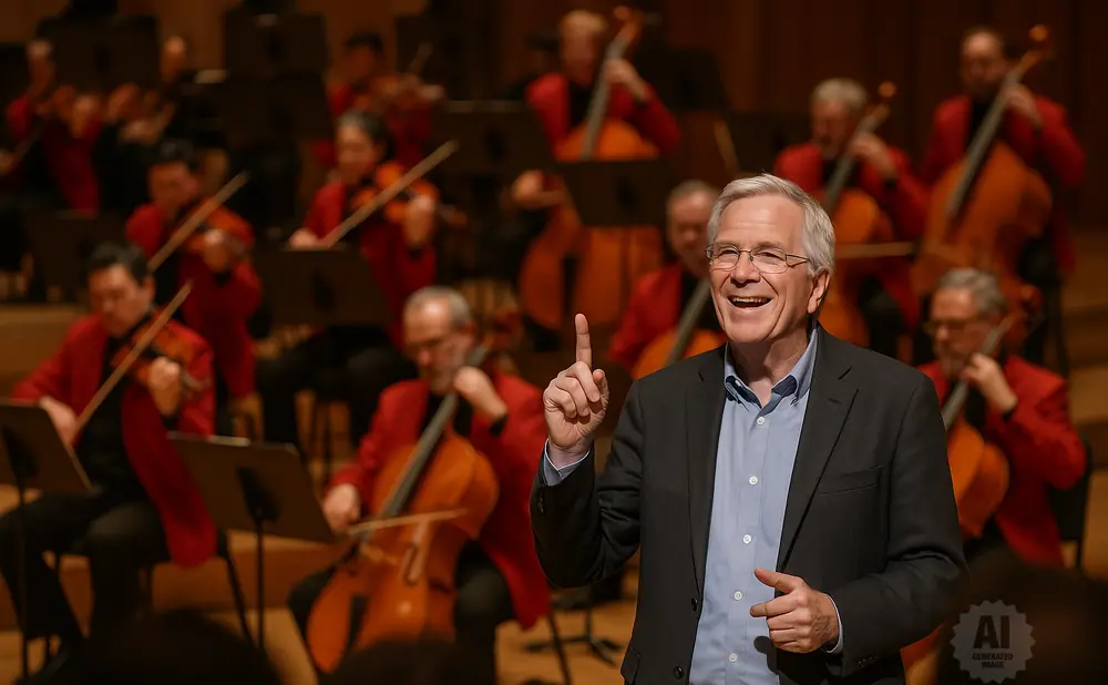 A conductor smiles while pointing up, with an orchestra in red jackets playing cellos and violins behind him.