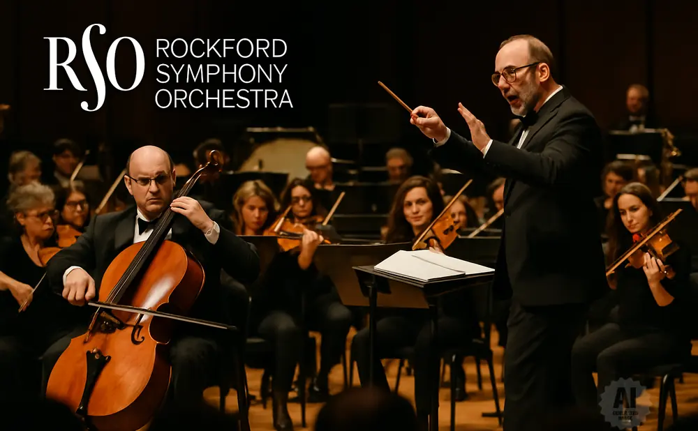 A conductor leads a symphony orchestra with a cellist in the foreground.